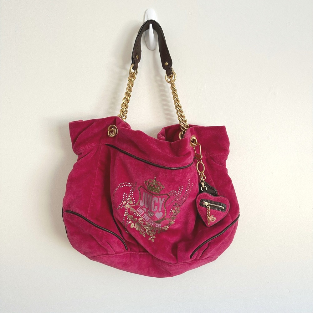 VTG Juicy Couture Pink/Gold Velour Daydreamer Shoulder Bag Y2K 2010 Crest Charm